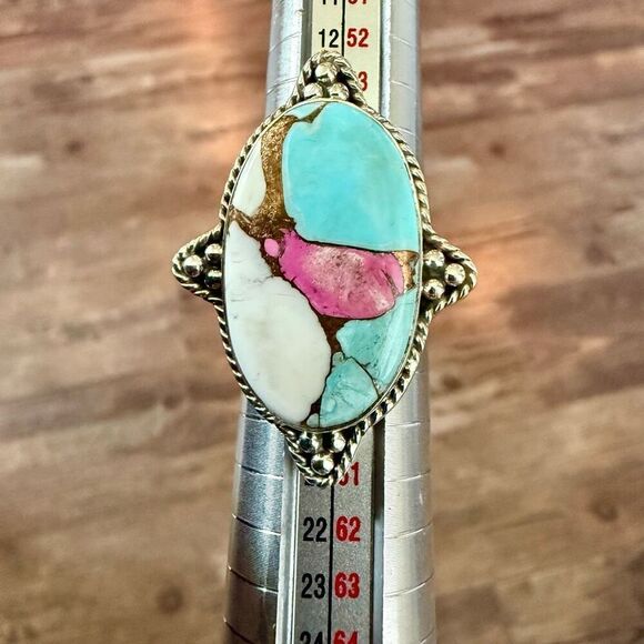 Unique Southwestern Cotton Candy Turquoise Oval Ring Sterling Silver Framed Sz 8 - Picture 4 of 7